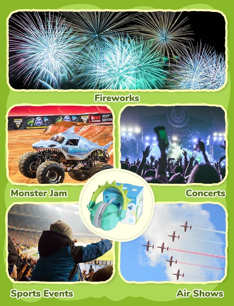 iClever Noise Cancelling Headphones for Kids, SNR 29dB Safety Noise Reduction Ear Muffs for Autism Sensory &Concentration Aid, Ear Hearing Protection for Fireworks/Event/Monster Truck Dinosaur Green - Image 5
